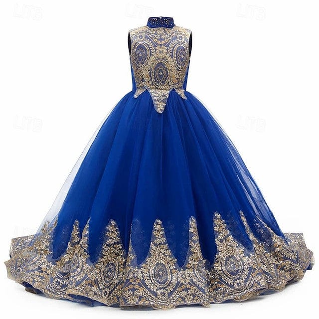 3m / Royal Blue Sunnypetal Luxury Gold Embroidered High-Neck Tulle Ball Gown Flower Girl Dress