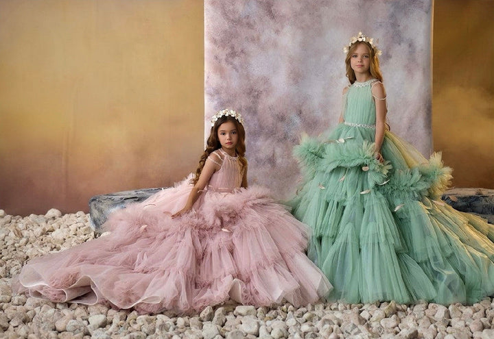 3m / Sage Green Sunnypetal Dreamy Flower Girl Dresses Layered Feather Tulle Princess Birthday Pageant Gown