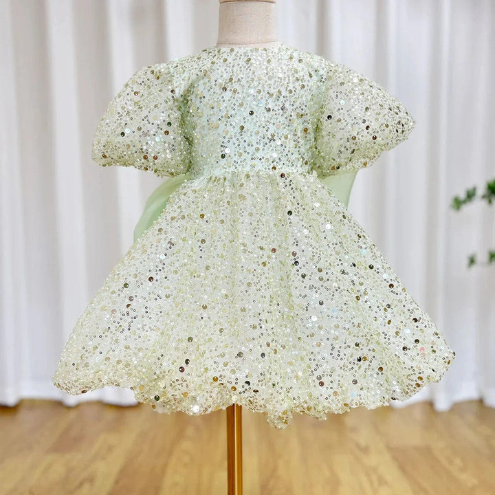 3m / Sage Green Sunnypetal Dreamy Sage Sequin Knee-Length Flower Girl Dresses with Bow