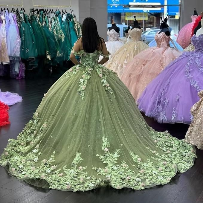 3m / Sage Green Sunnypetal Off-the-Shoulder V-Neck Glitter Tulle Ball-Gown with 3D Floral