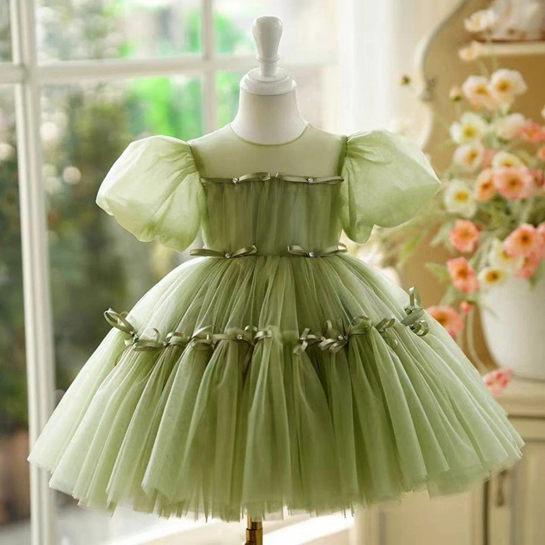 3m / Sage Green Sunnypetal Sage Green Puff Sleeves Flower Girl Dress 1st Toddler Wedding Birthday
