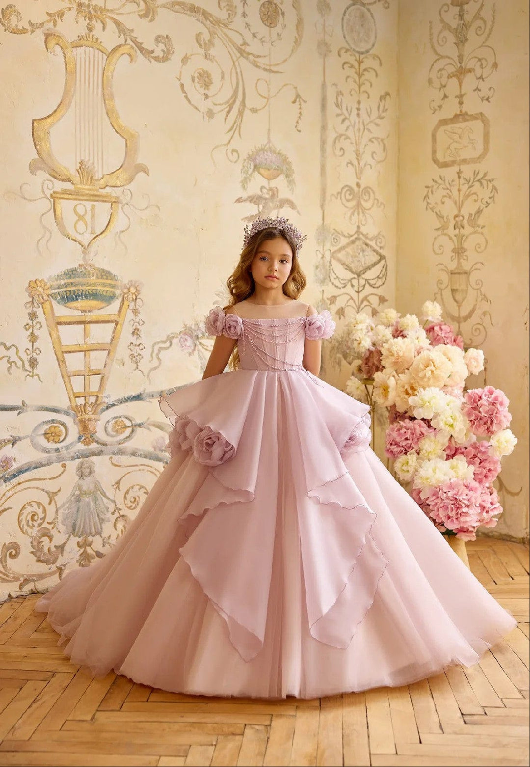 3m / Violet Sunnypetal Princess Off-Shoulder Flower Girl Dress with Beaded Bodice & Floral Details