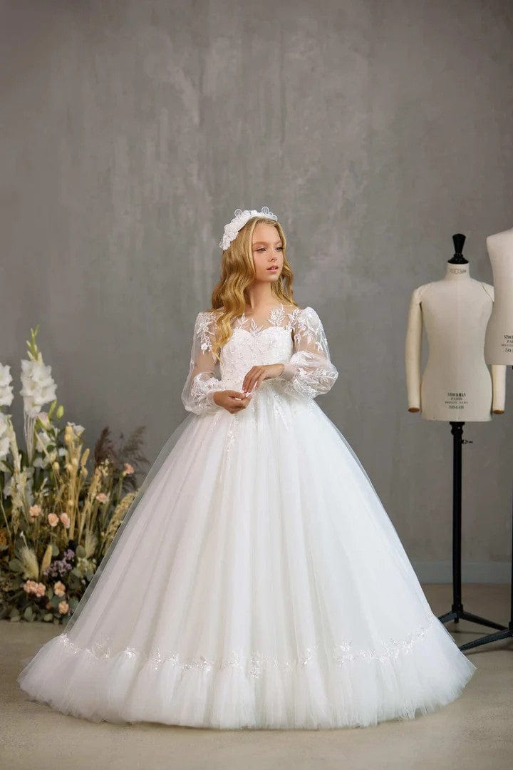 3m / White Sunnpetal Exquisite Puff Long Sleeves Lace Appliques Sequins Communion Dress with Ruffled Hem