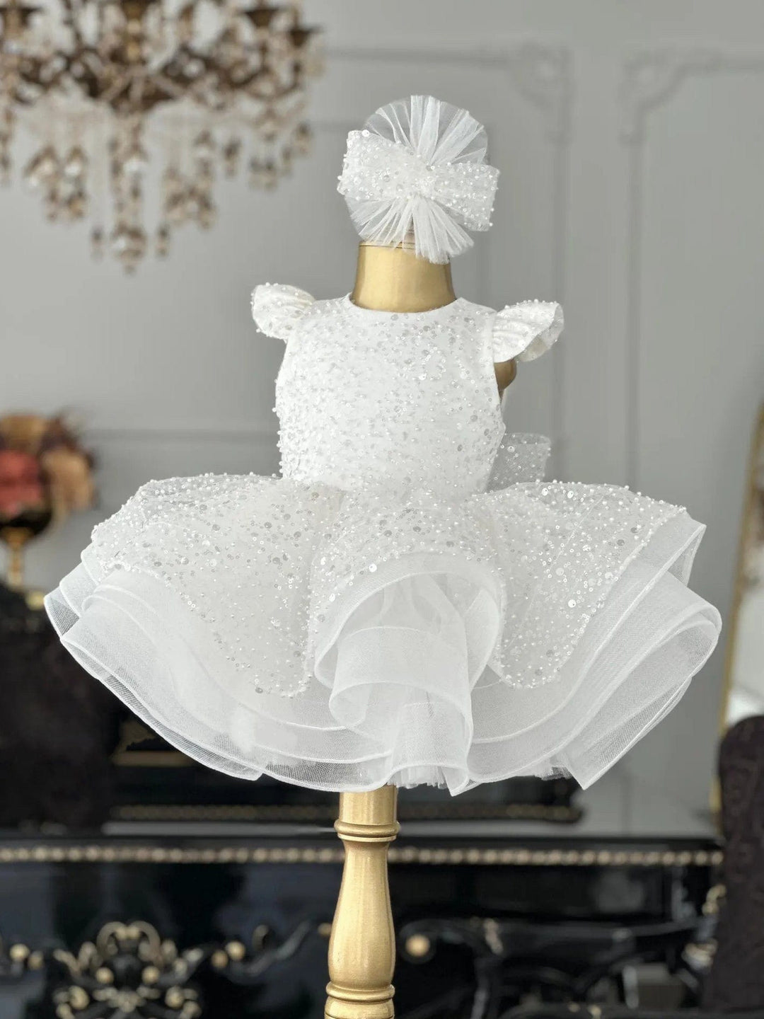 3m / White Sunnprtal Elegant White Sequin Satin & Tulle Wedding Flower Girl Dress