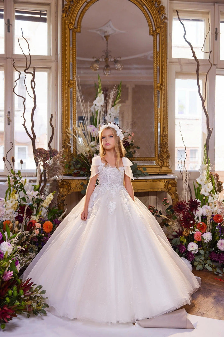 3m / White Sunnypetal Elegance White Off-Shoulder Bows Lace Communion Flower Girl Princess Gown