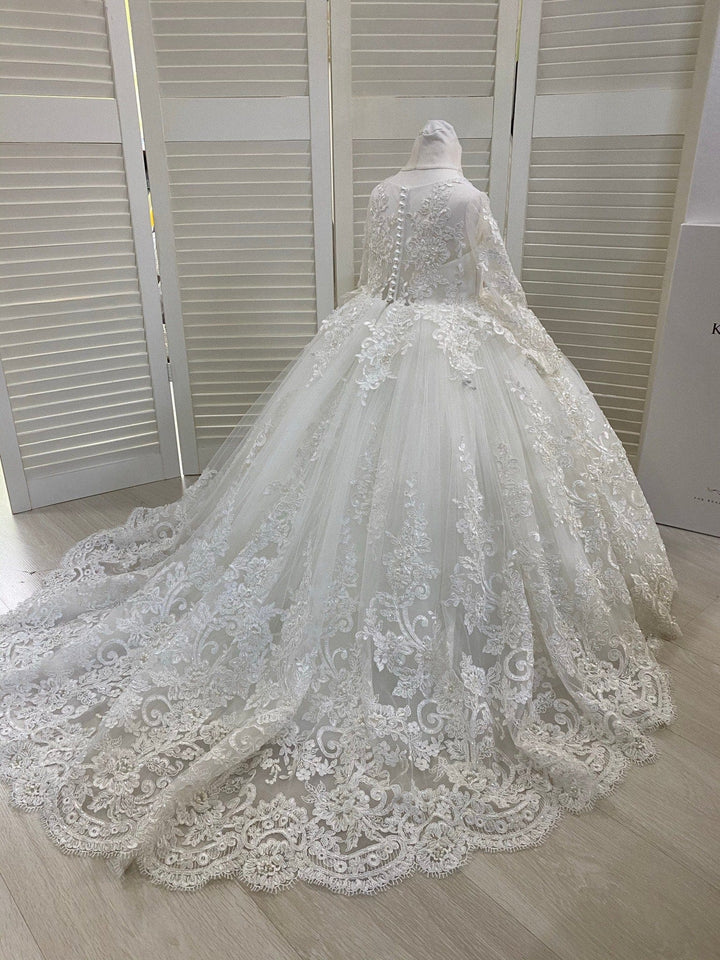 3m / White Sunnypetal Elegant White Lace Train Flower Girl Gown First Communion Dress