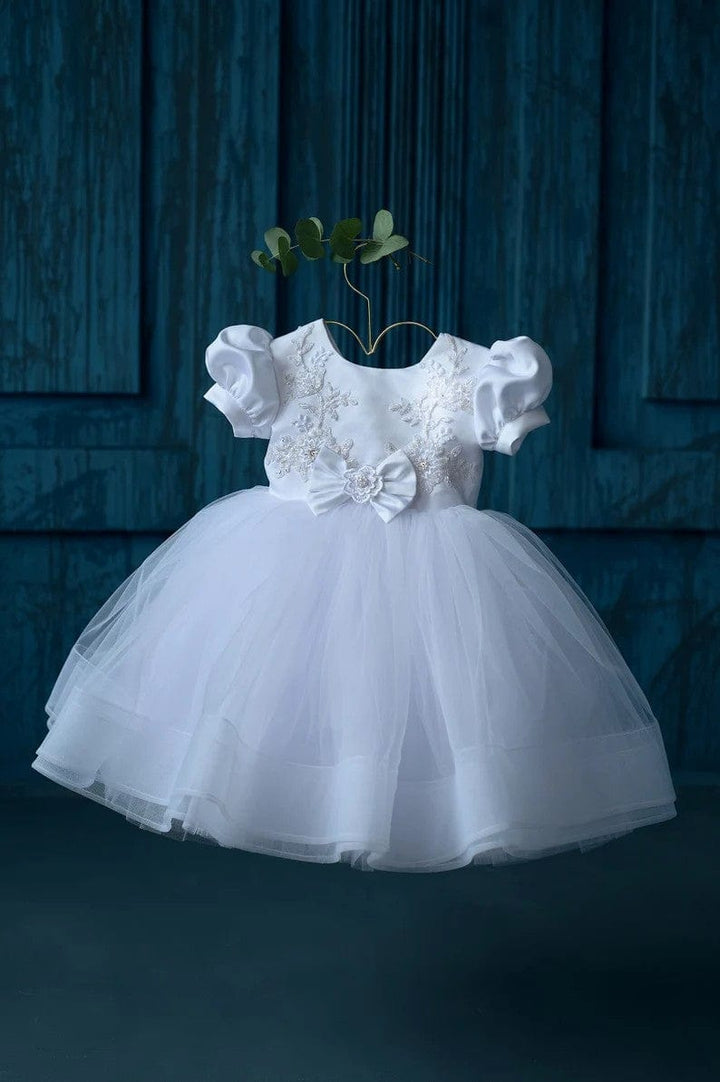 3m / White Sunnypetal Elegant White Puffy Tulle Baptism Dress for Baby Toddler Girl