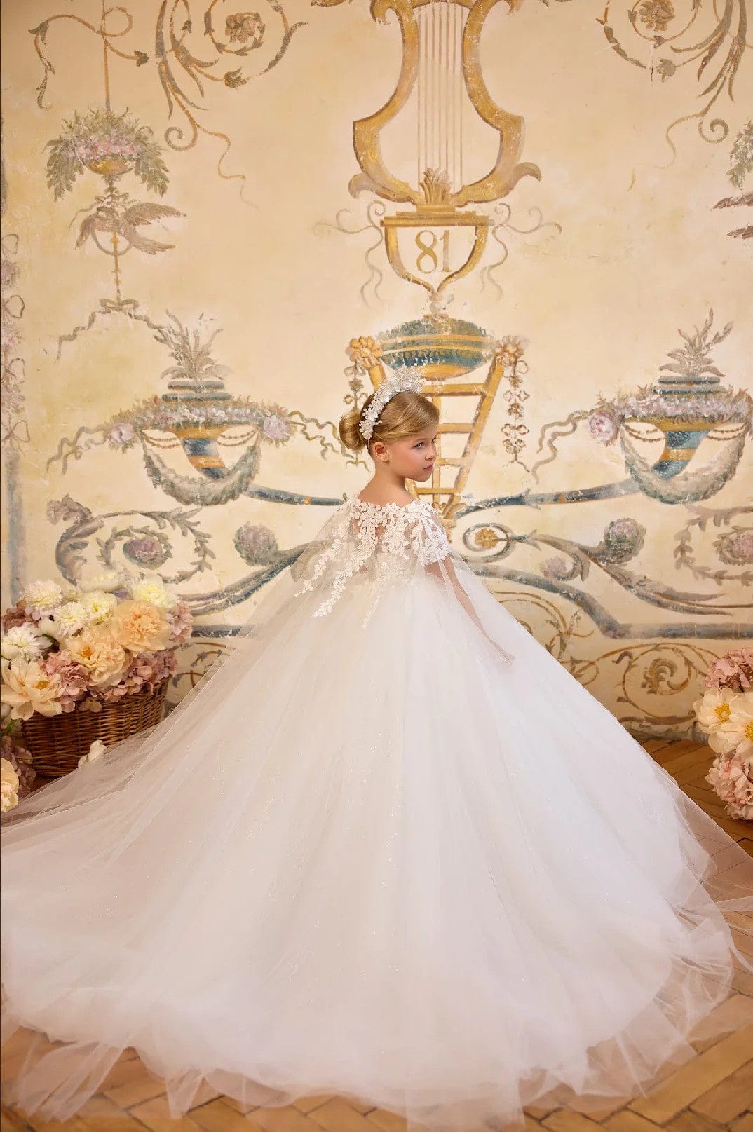 3m / White Sunnypetal Glitter Tulle Communion Dress with Floral Lace & Flowing Shoulder Capes