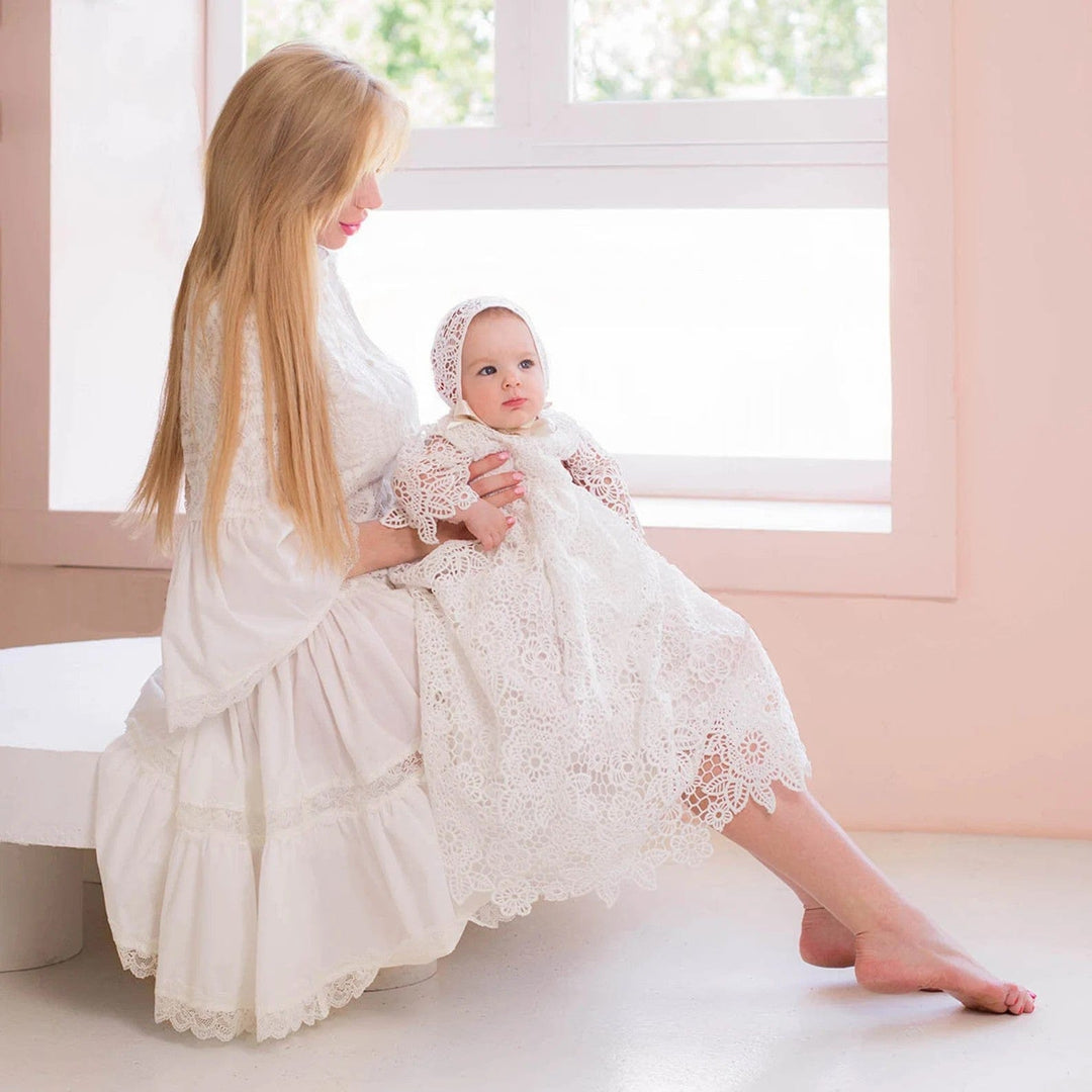 3m / White Sunnypetal Lace Long Sleeves Baptism Dress for Baby Girl