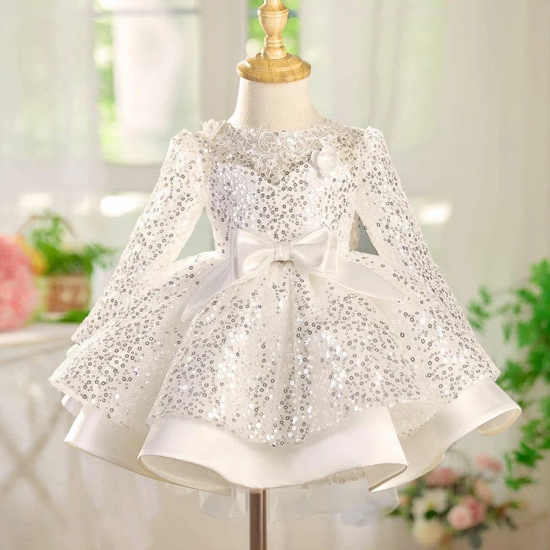 3m / White Sunnypetal Lilac Sparkle Bloom Girl Dress with Bow and Floral Tulle Train