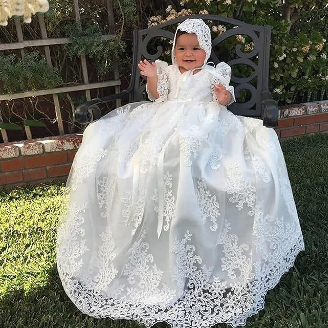 3m / White Sunnypetal Long White Lace Christening Dress for Baby Girls