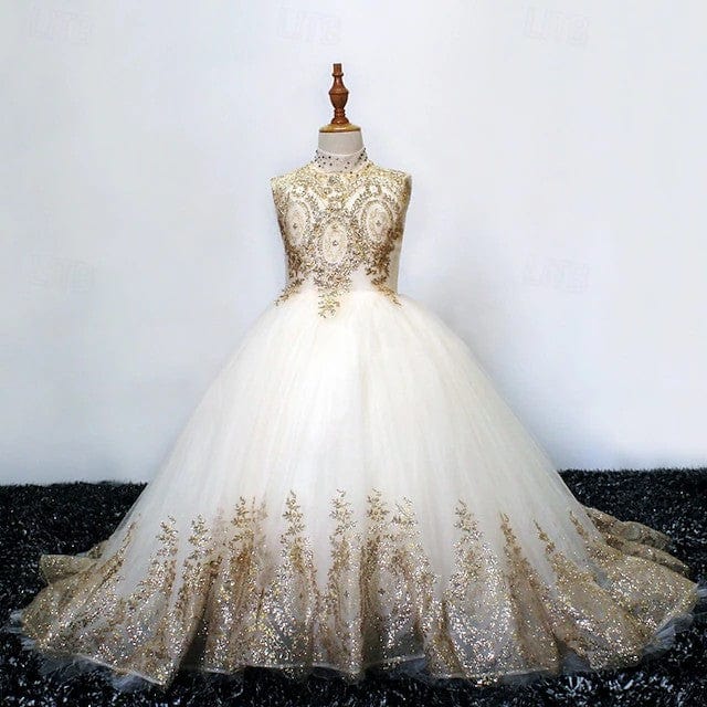 3m / White Sunnypetal Luxury Gold Embroidered High-Neck Tulle Ball Gown Flower Girl Dress