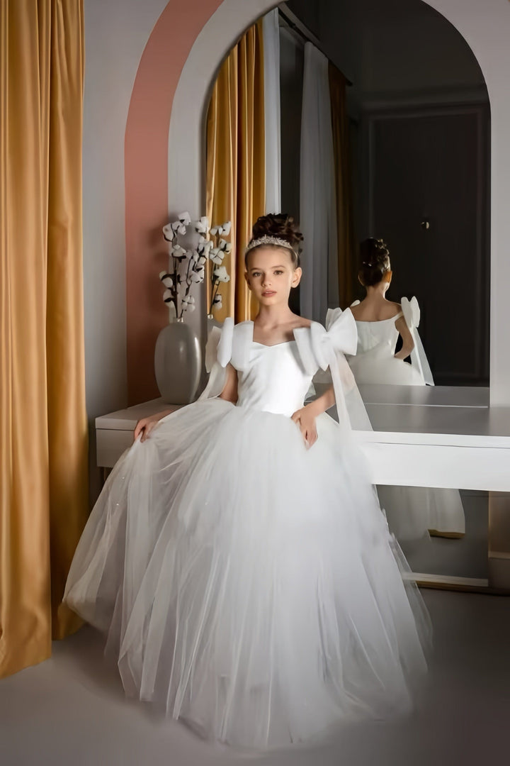3m / White Sunnypetal Off Shoulder Glitter Flower Girl Dresses Long Tulle Bows First Communion Gown