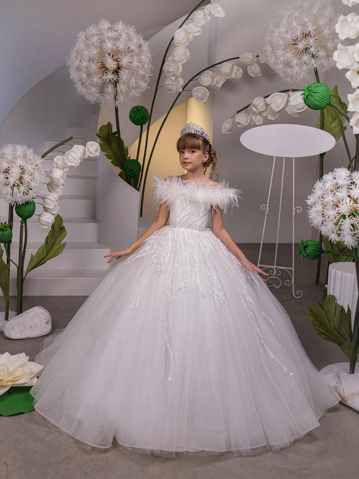 3m / White Sunnypetal Off-the-Shoulder Feather-Trimmed Tulle Flower Girl Dress with Sequins
