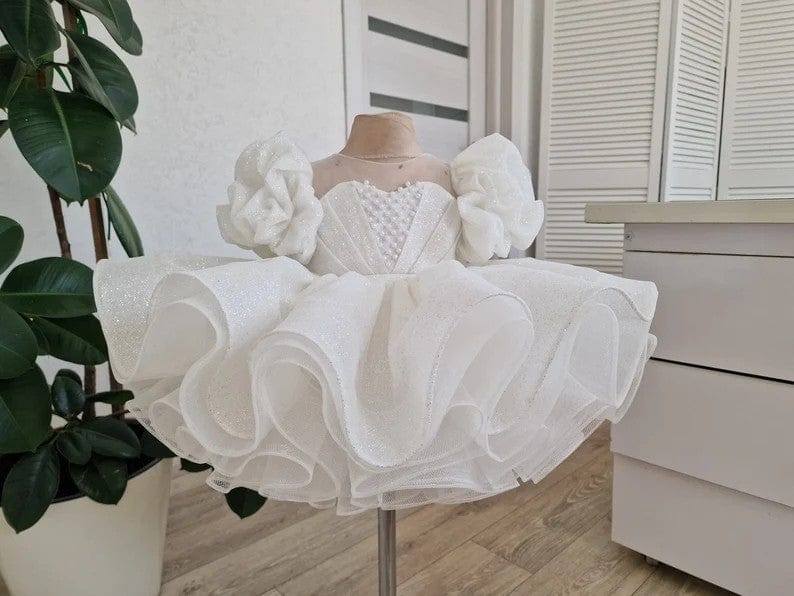 3m / White Sunnypetal Puffy Glitter White Knee-Length Tutu Dress with Pearls and Puff Sleeves