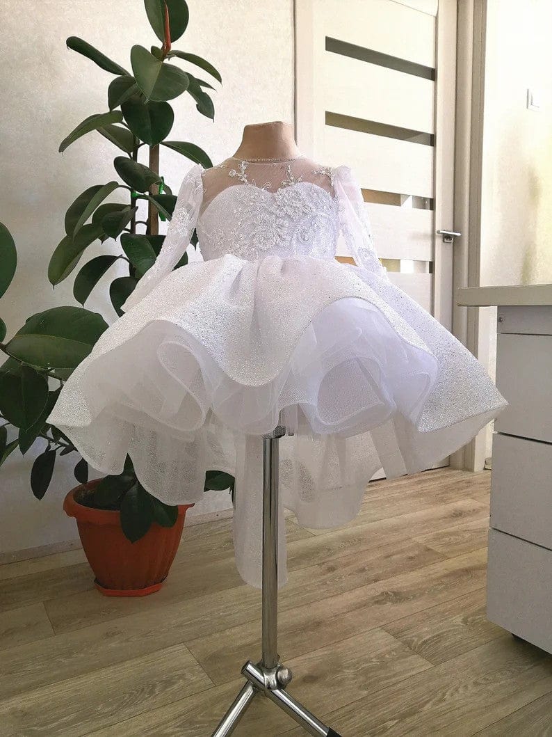3m / White Sunnypetal Sparkling Flower Girl Dresses Asymmetry Prom Princess Pageant Gown