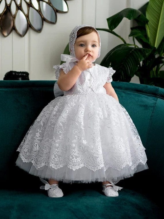 3m / White Sunnypetal White Baby Girl Christening Gown，Baptism Gift Girl From Godparents