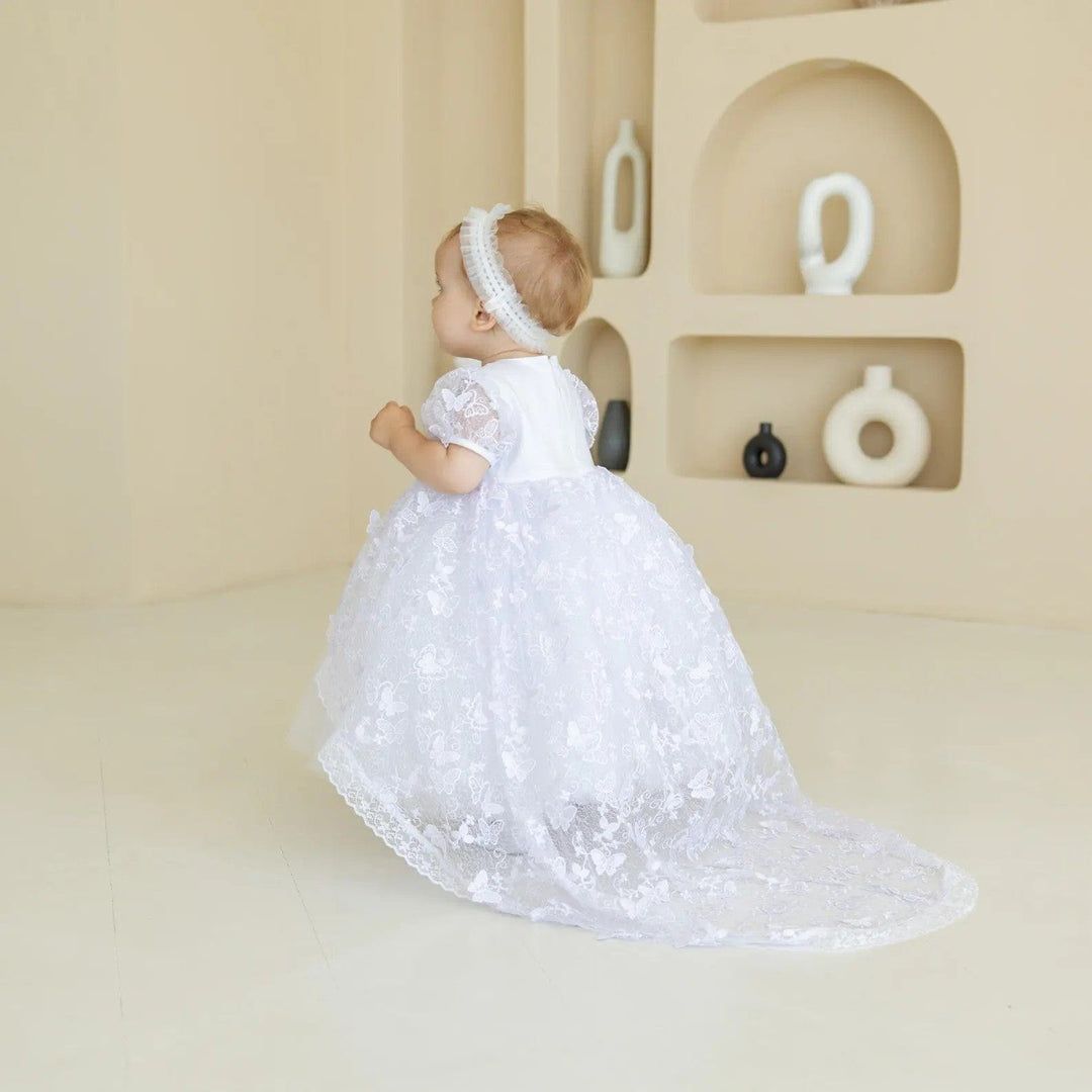 3m / White Sunnypetal White Baby Lace Blessing Dress Baptism Gown with Train
