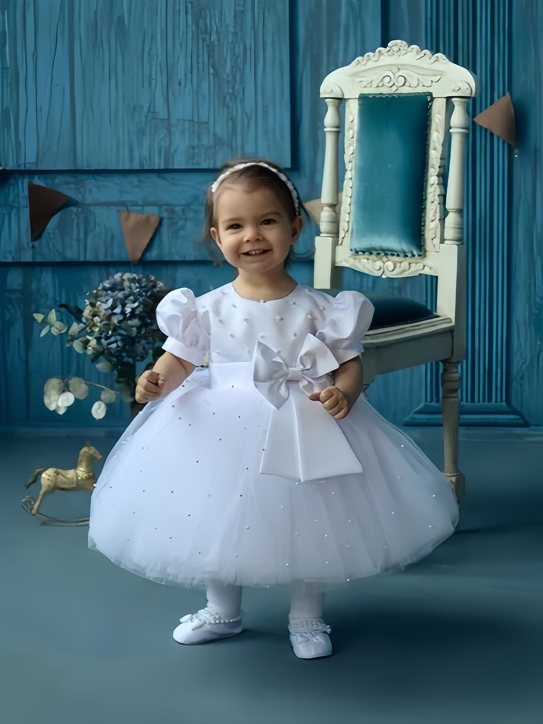 3m / White Sunnypetal White Baptism Dress for Toddler Girl with Pearls&Bow