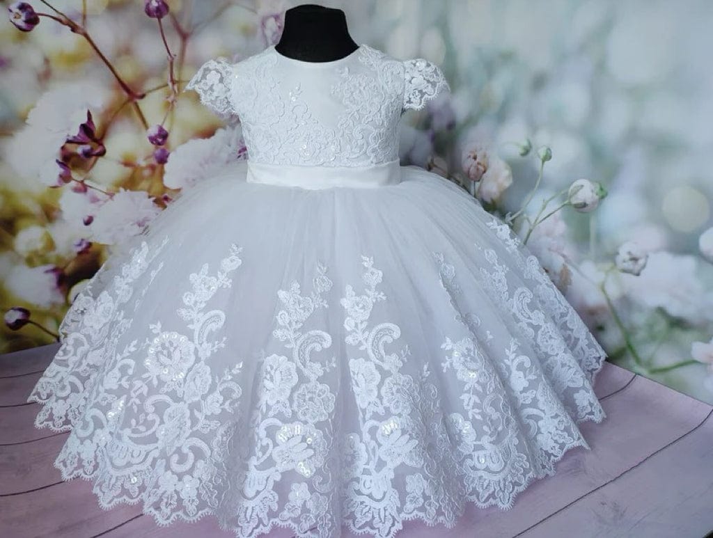 3m / White Sunnypetal White Cap Sleeves Floral Lace Baby Girl Baptism Dress