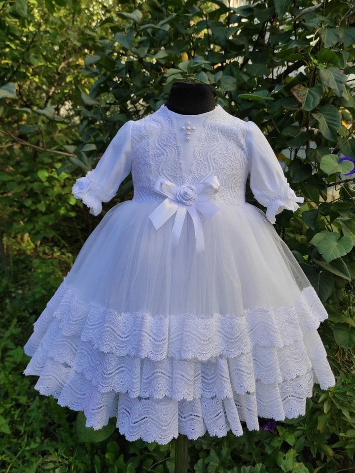 3m / White Sunnypetal White Half Sleeves Lace Baptism Dress for Baby Girl