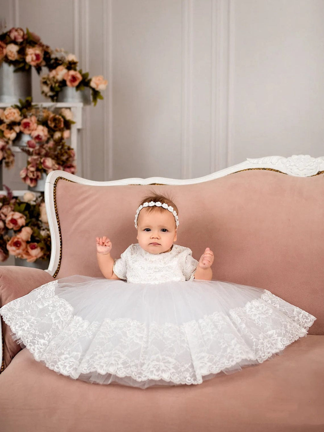 3m / White Sunnypetal White Half Sleeves Lace Floral Pearls Baptism Baby Girl Dress