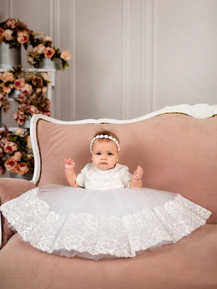 3m / White Sunnypetal White Half Sleeves Lace Floral Pearls Baptism Baby Girl Dress