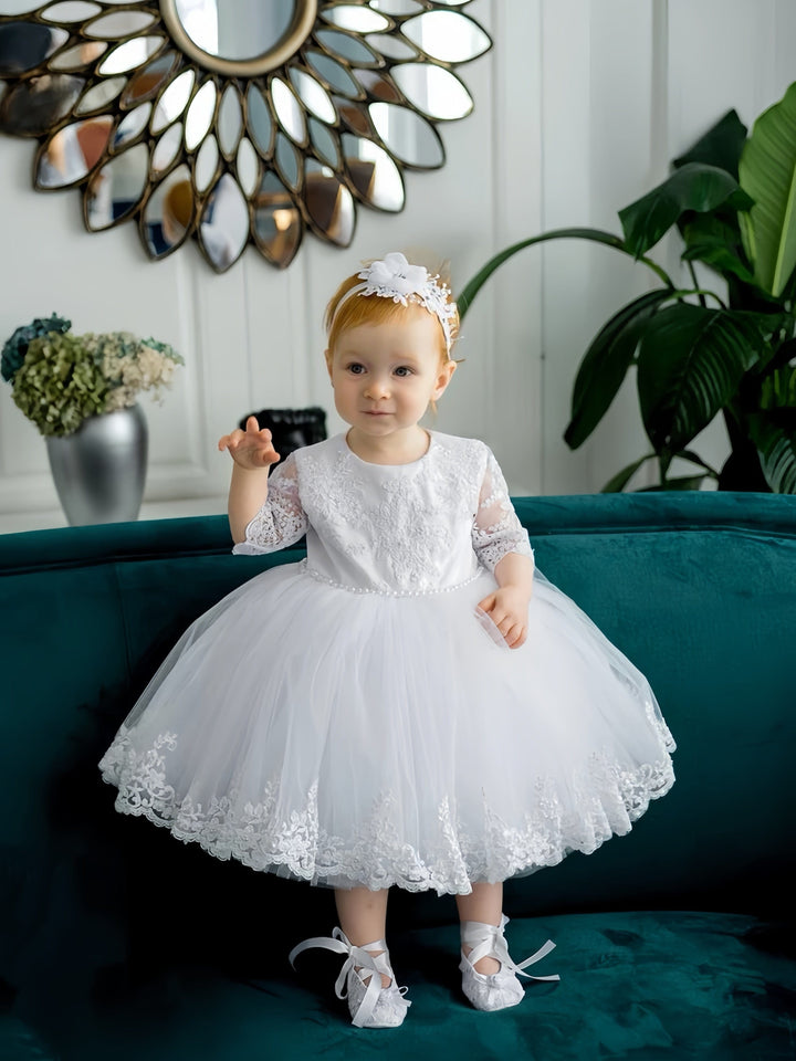 3m / White Sunnypetal White Half Sleeves Lace Floral Pearls Baptism Dress for Baby Girl