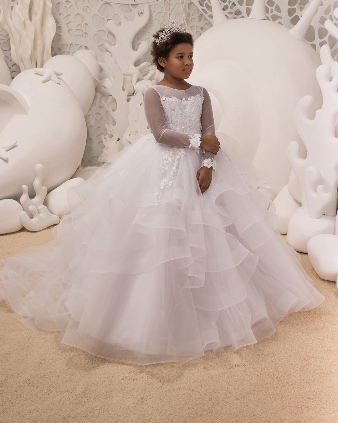 3m / White Sunnypetal White Lace Appliqué Tulle Ball Gown Flower Girl & First Communion Dress