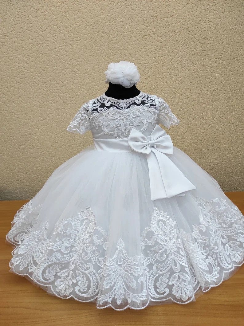 3m / White Sunnypetal White Lace Baby Girl Baptism Dress with Satin Bow