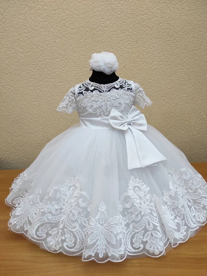 3m / White Sunnypetal White Lace Baby Girl Baptism Dress with Satin Bow