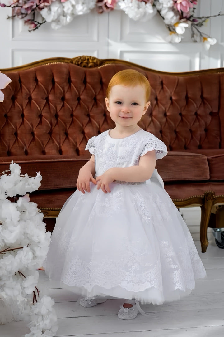 3m / White Sunnypetal White Lace Baptism Dress for Baby Girl – Elegant Christening Gown