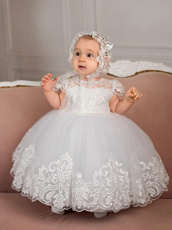 3m / White Sunnypetal White Lace Blessing Baptism Dress for Baby Girl