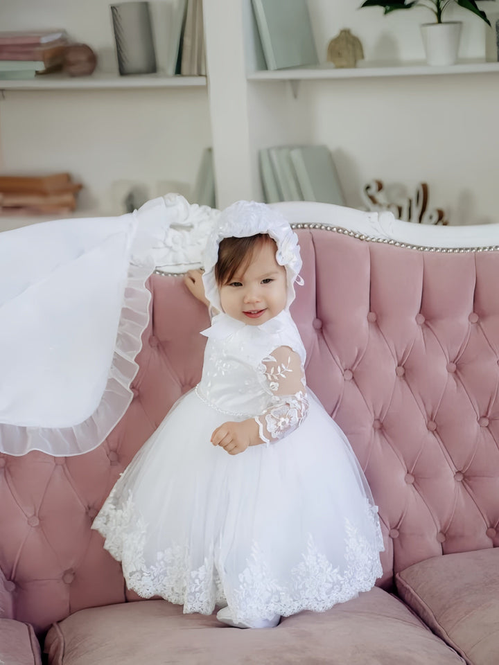 3m / White Sunnypetal White Lace Long Sleeves Ankle-Length Baptism Dress for Baby Girl