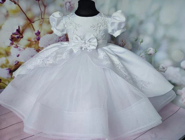 3m / White Sunnypetal White Puff Sleeves Baby Toddler Girl Baptism Dress with Train