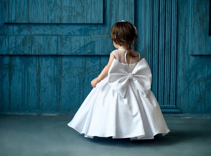 3m / White Sunnypetal White Satin Sleeveless Pearls Big Bow Baptism Baby Girl Dress