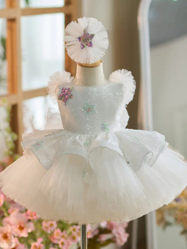 3m / White Sunnypetal White Sequin Princess Knee-Length Birthday Party Flower Girl Dresses