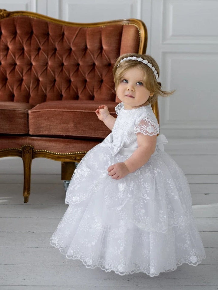 3m / White Sunnypetal White Soft Lace Layered Baby Girl Baptismal Christening Dress