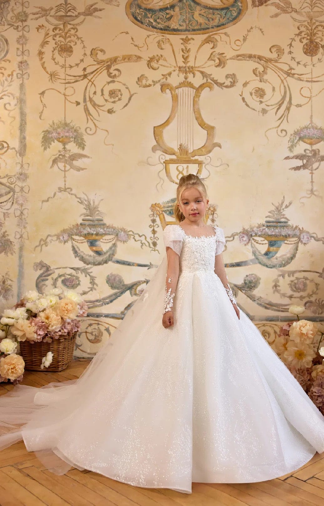 3m / White Sunnypetal White Tulle Flower Girl Dress with Floral Appliqués & Detachable Cape