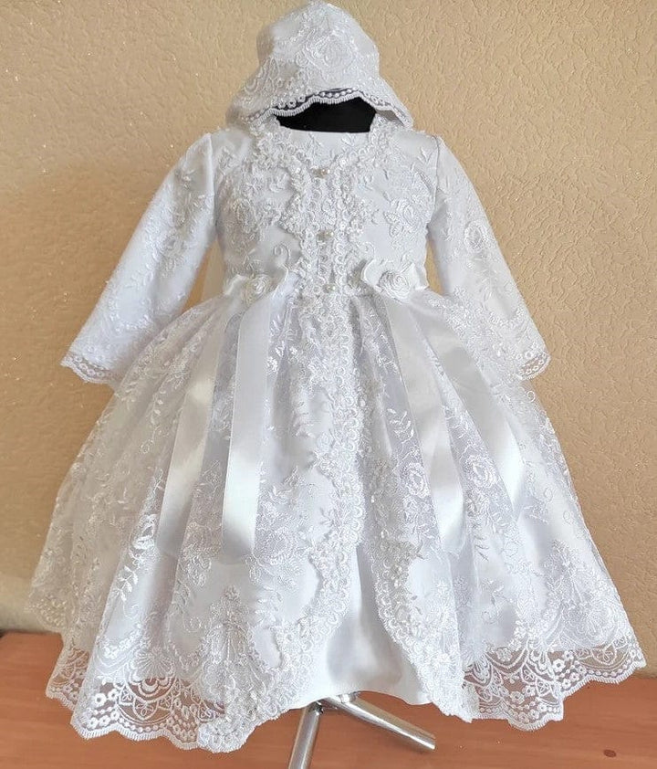 3m / White Without Headdress Sunnypetal Elegant White Lace Long Sleeves Christening Baptism Baby Girl Dress