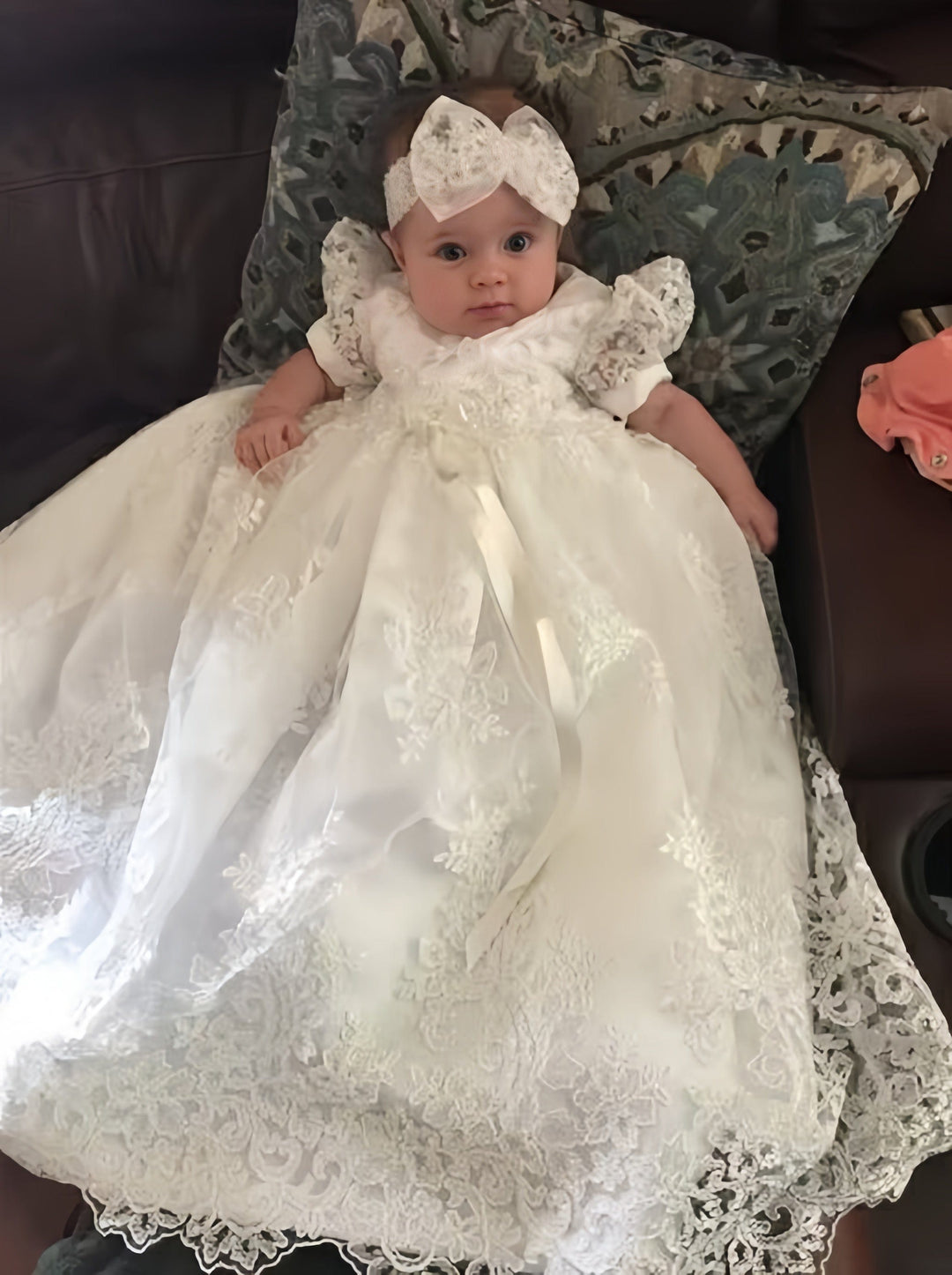 3m / White Without Headdress Sunnypetal White Lace Baby Girl Christening Gowns Long Newborn Kids Baptism Dress