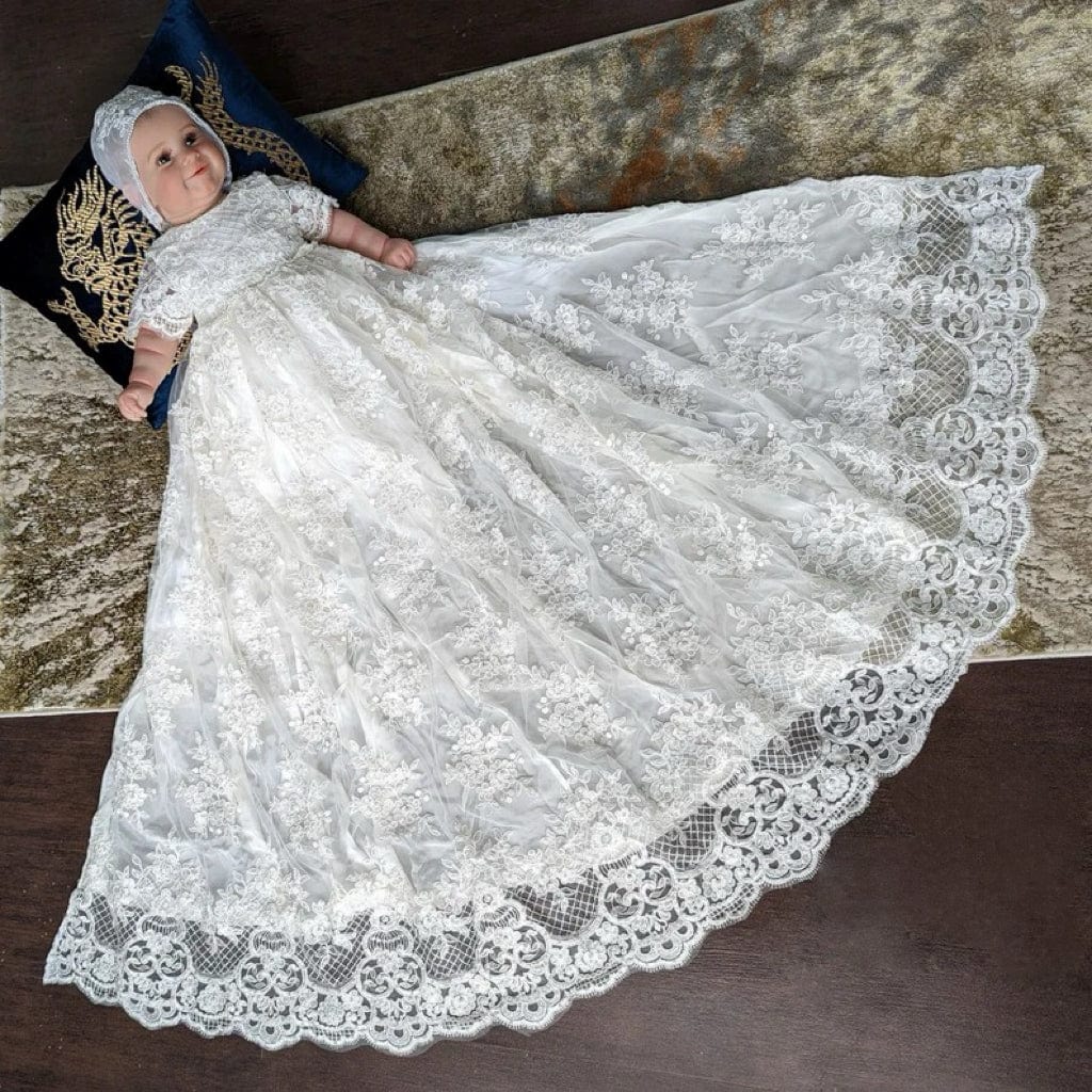 3m / White Without Headdress Sunnypetal White Lace Pearls Baby Girls Baptism Dress Christening Gown