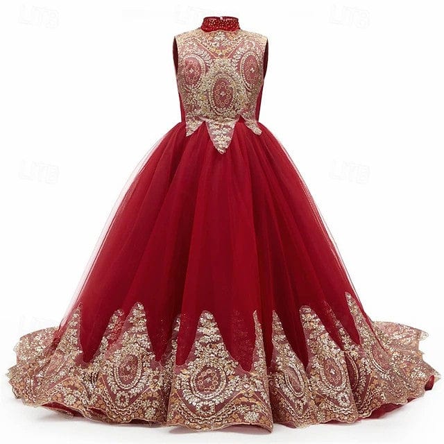 3m / Wine Red Sunnypetal Luxury Gold Embroidered High-Neck Tulle Ball Gown Flower Girl Dress