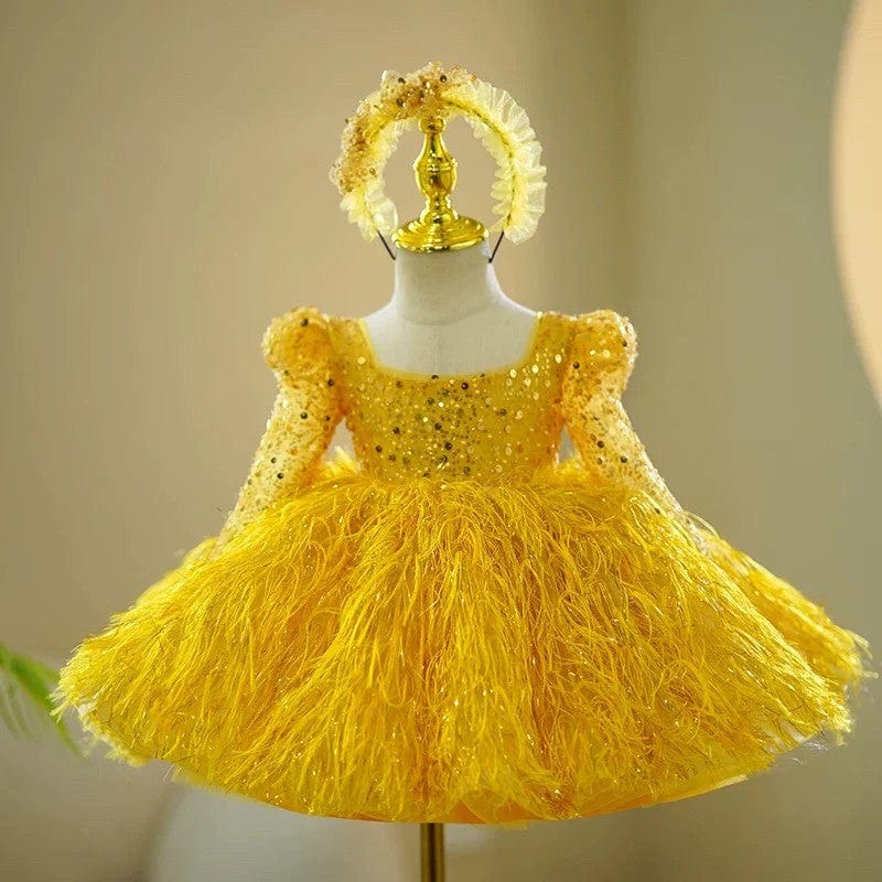 3m / Yellow Sunnypetal Shiny Sequins Tulle Feathers Knee-Length Toddler Girl Birthday Pageant Dance Dress