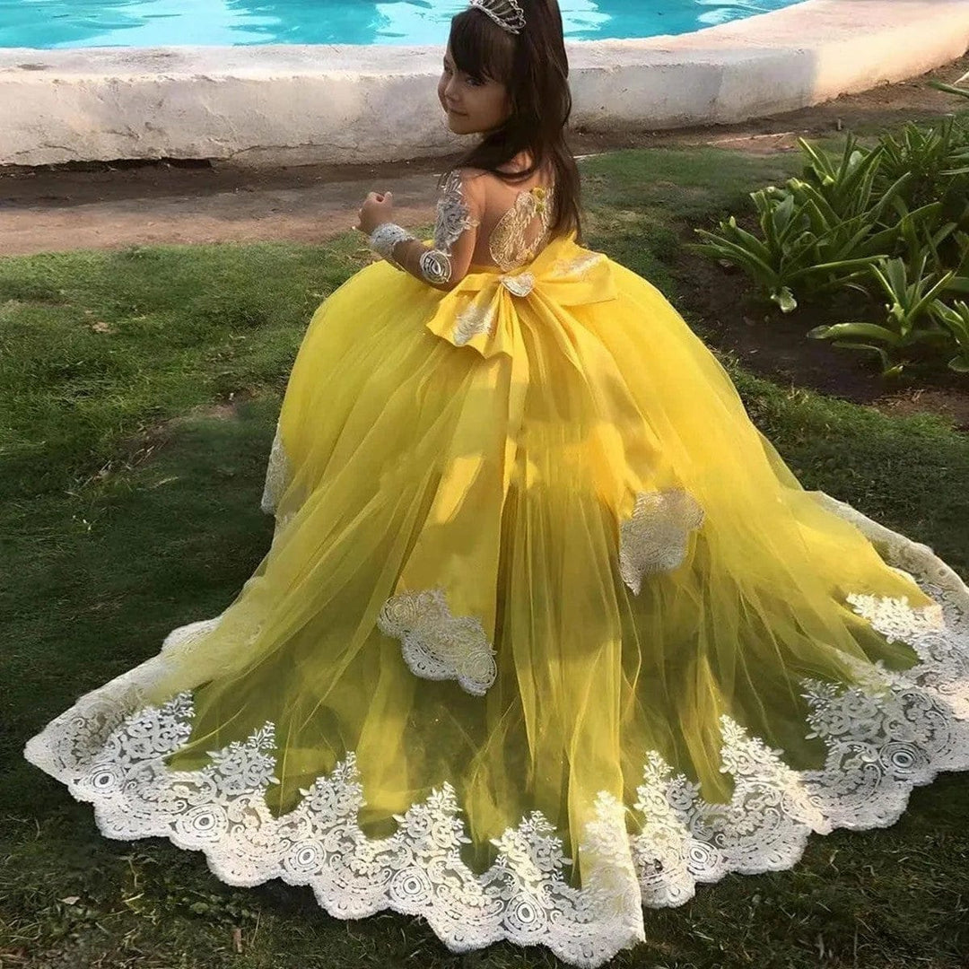 3m / Yellow Sunnypetal Yellow Lace Long-Sleeve Princess Flower Girl Ball Gown with Bow Train