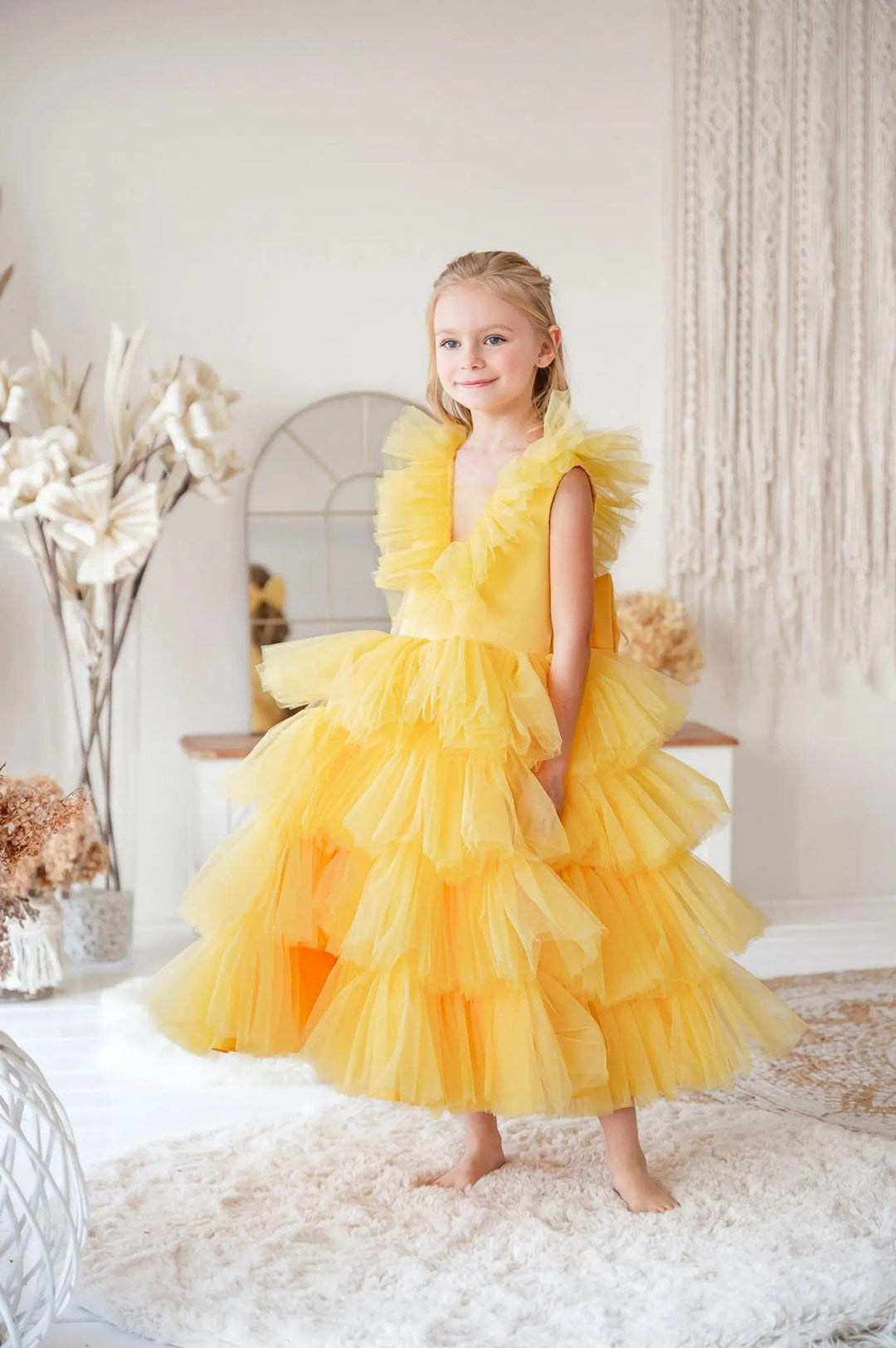 3m / Yellow Sunnypetal Yellow Layered Tulle Flower Girl Dress with V-Neck Ruffles and Bow Back