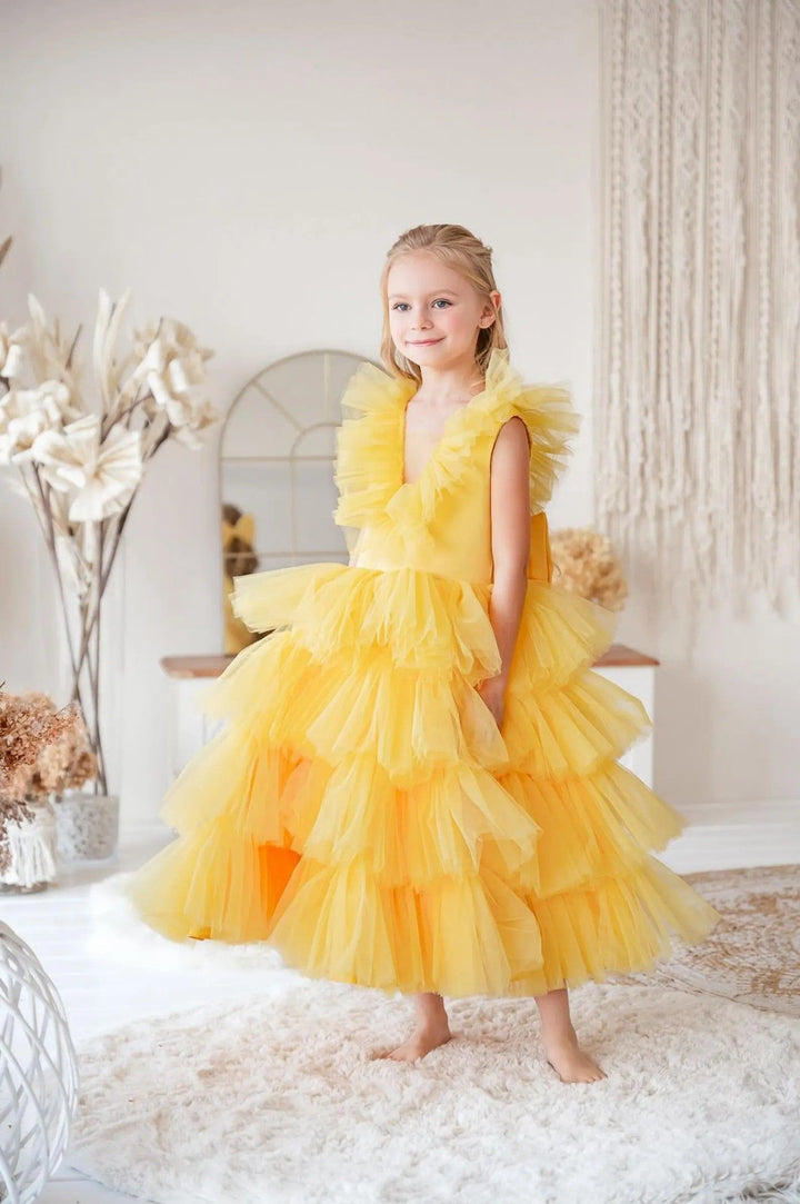 3m / Yellow Sunnypetal Yellow Layered Tulle Flower Girl Dress with V-Neck Ruffles and Bow Back