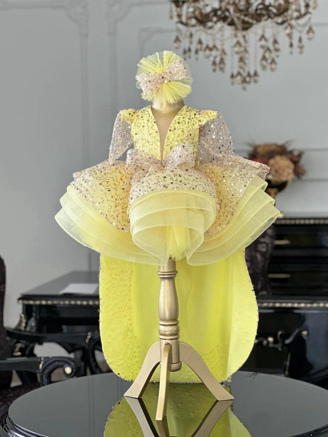 3m / Yellow Sunnypetal Yellow Long Sleeves Sequin Tulle Party Dress for Girls with Removable Tail
