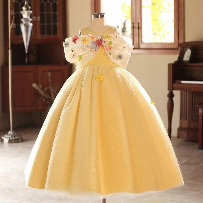 3m / Yellow Sunnypetal Yellow Princess Tulle Floor-Length Flower Girl Dresses with 3D Flowers