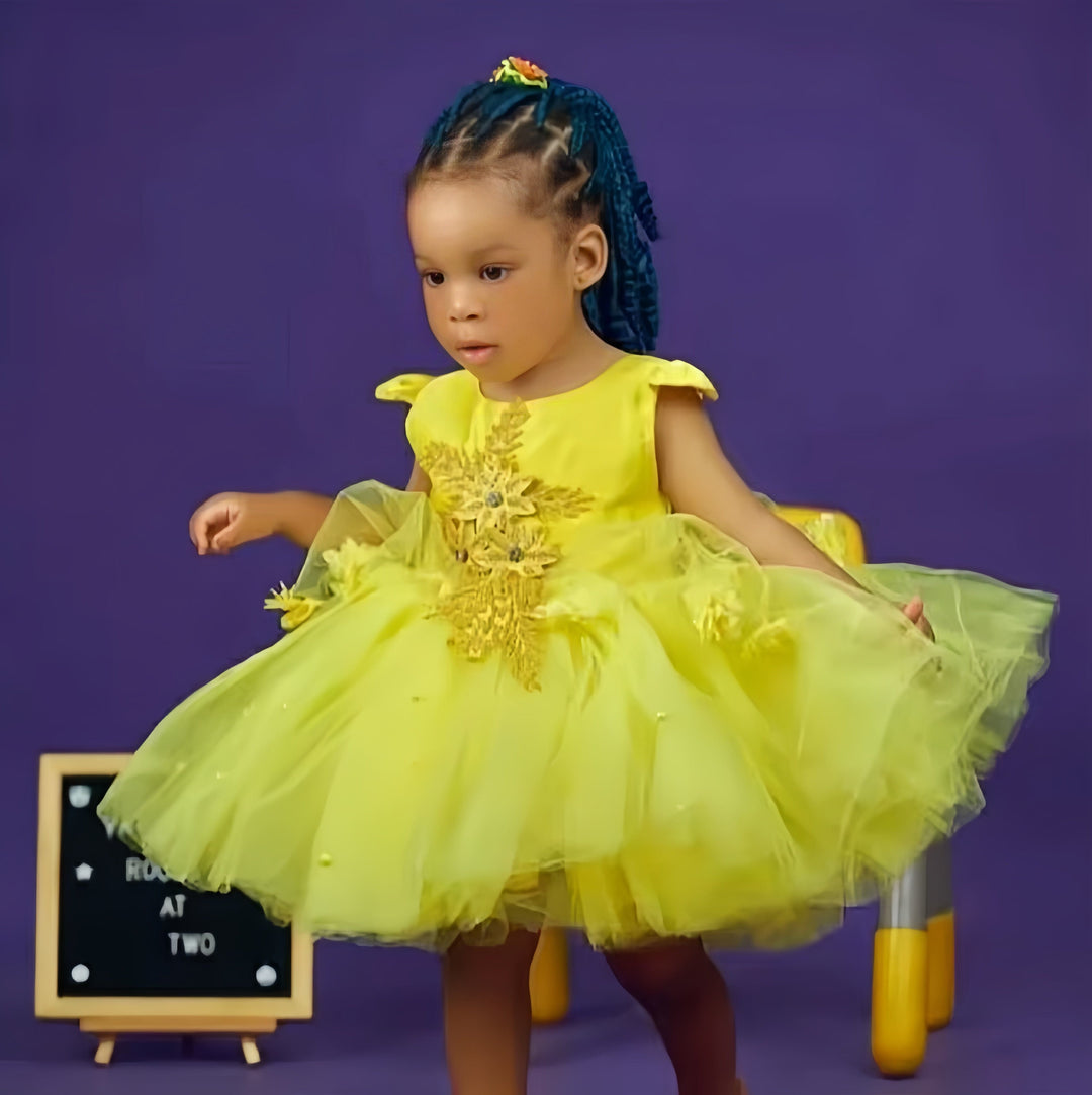 3m / Yellow Sunnypetal Yellow Short Girls First Birthday Dress Appliques Tulle Flower Girl Dress